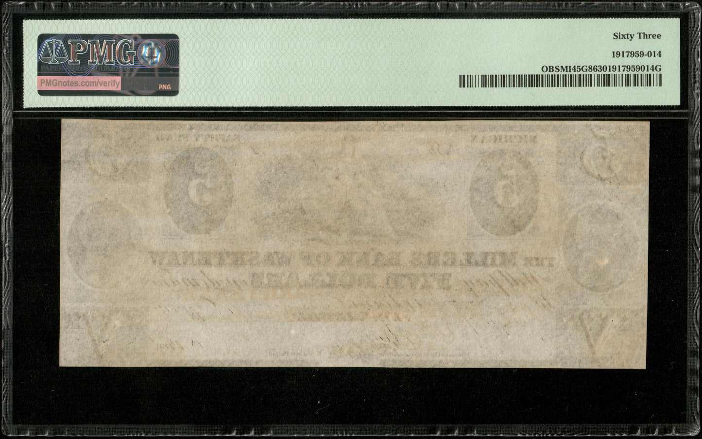 USA - Millers Bank of Washtenaw Ann Arbor, 5 Dollars $5 1837-1839 Remainder UNC / PMG 63