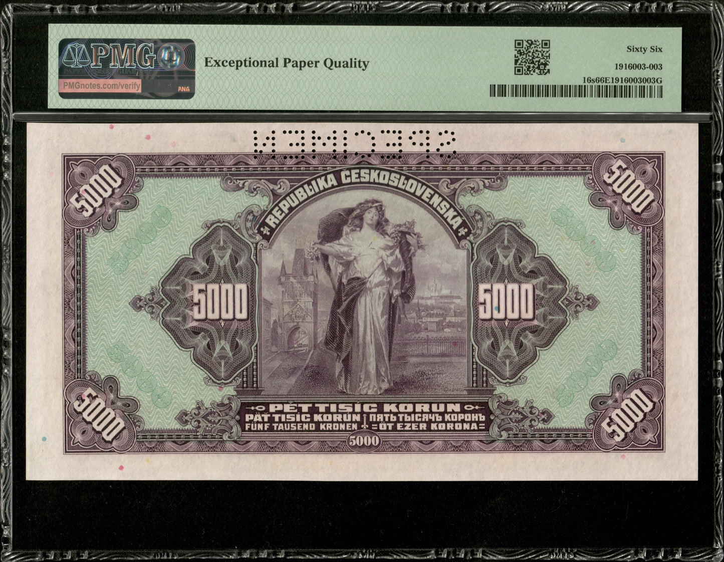 BOHÈME ET MORAVIE - BOHEMIA AND MORAVIA - 5000 Korun Specimen 1920 (1943) P.16s PMG 66 EPQ