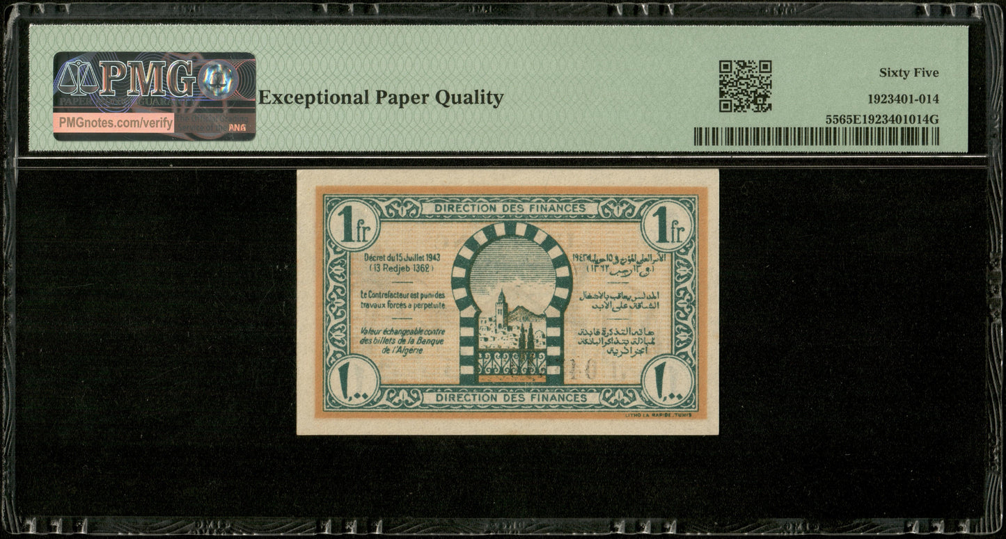 TUNISIE - TUNISIA - Régence, 1 Franc 1943 Pick 55 NEUF / PMG 65 EPQ