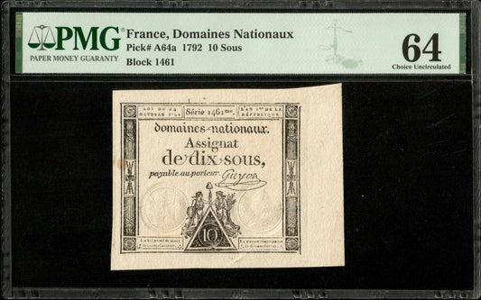 FRANCE - Assignat, 10 Sous 24 octobre 1792 Ass.34a, P.A64a Série 1461 pr.NEUF / PMG 64