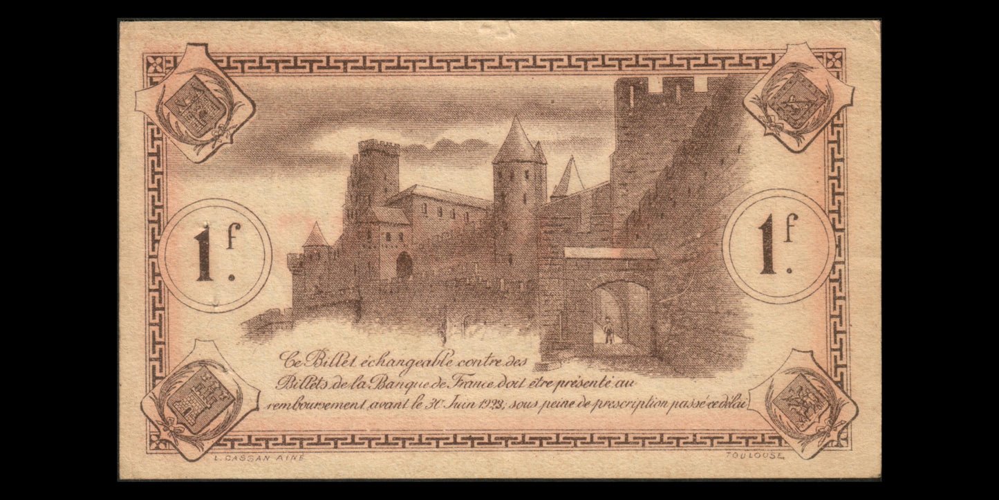 FRANCE - Chambre de Commerce Carcassonne (Aude), 1 Franc ANNULÉ 1920 JP.38.18 pr.SUP / XF-