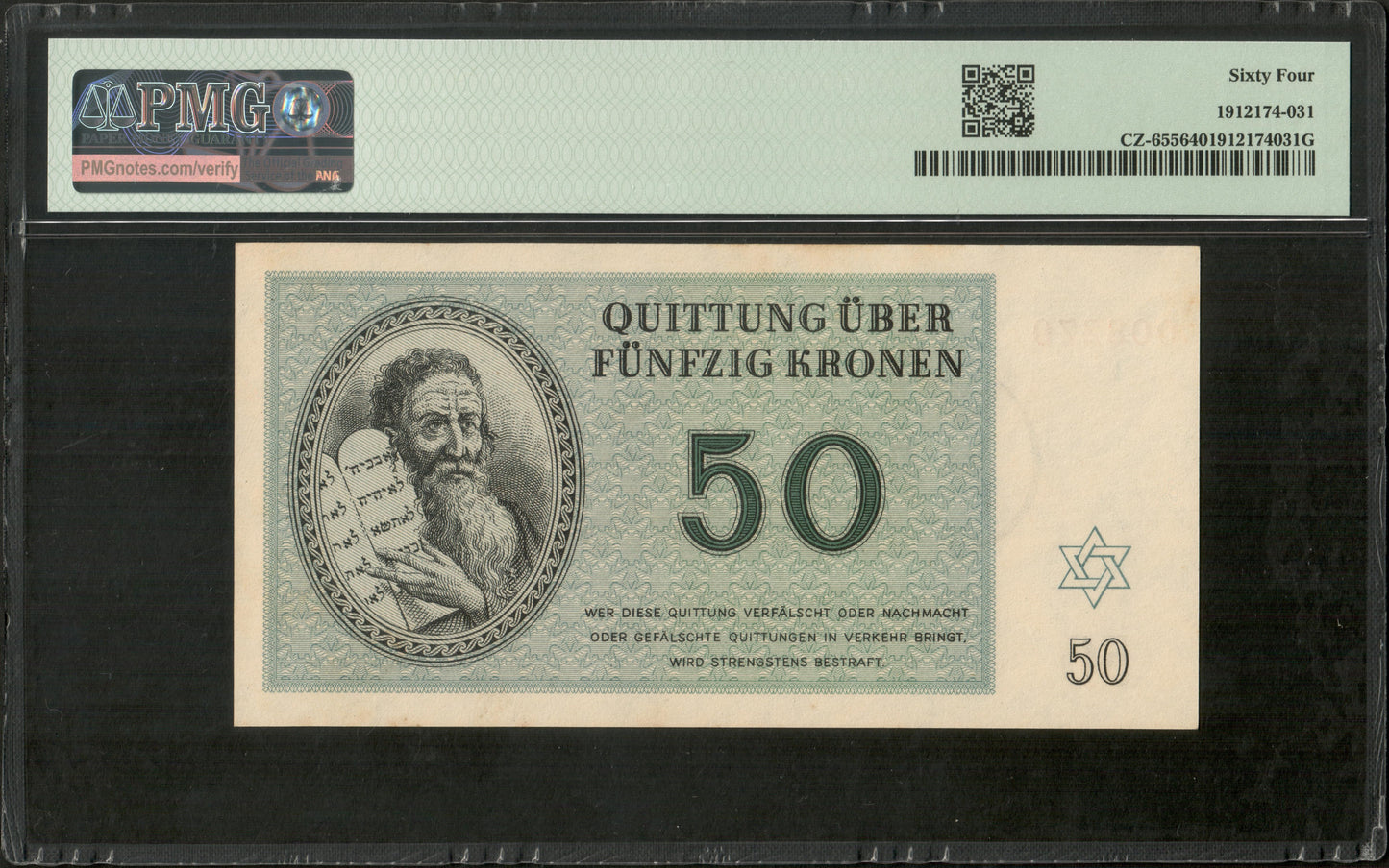 CZECHOSLOVAKIA - Theresienstadt Ghetto - 50 Kronen 1943 CZ-655 NEUF / PMG Choice Unc 64