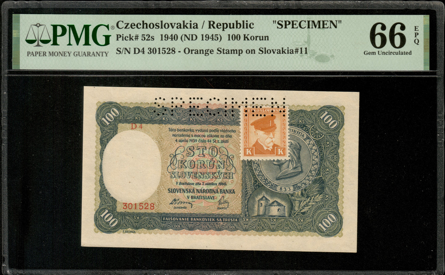 TCHÉCOSLOVAQUIE - CZECHOSLOVAKIA - 100 Korun Specimen 1940 (1945) P.52s NEUF / PMG Gem Unc 66 EPQ
