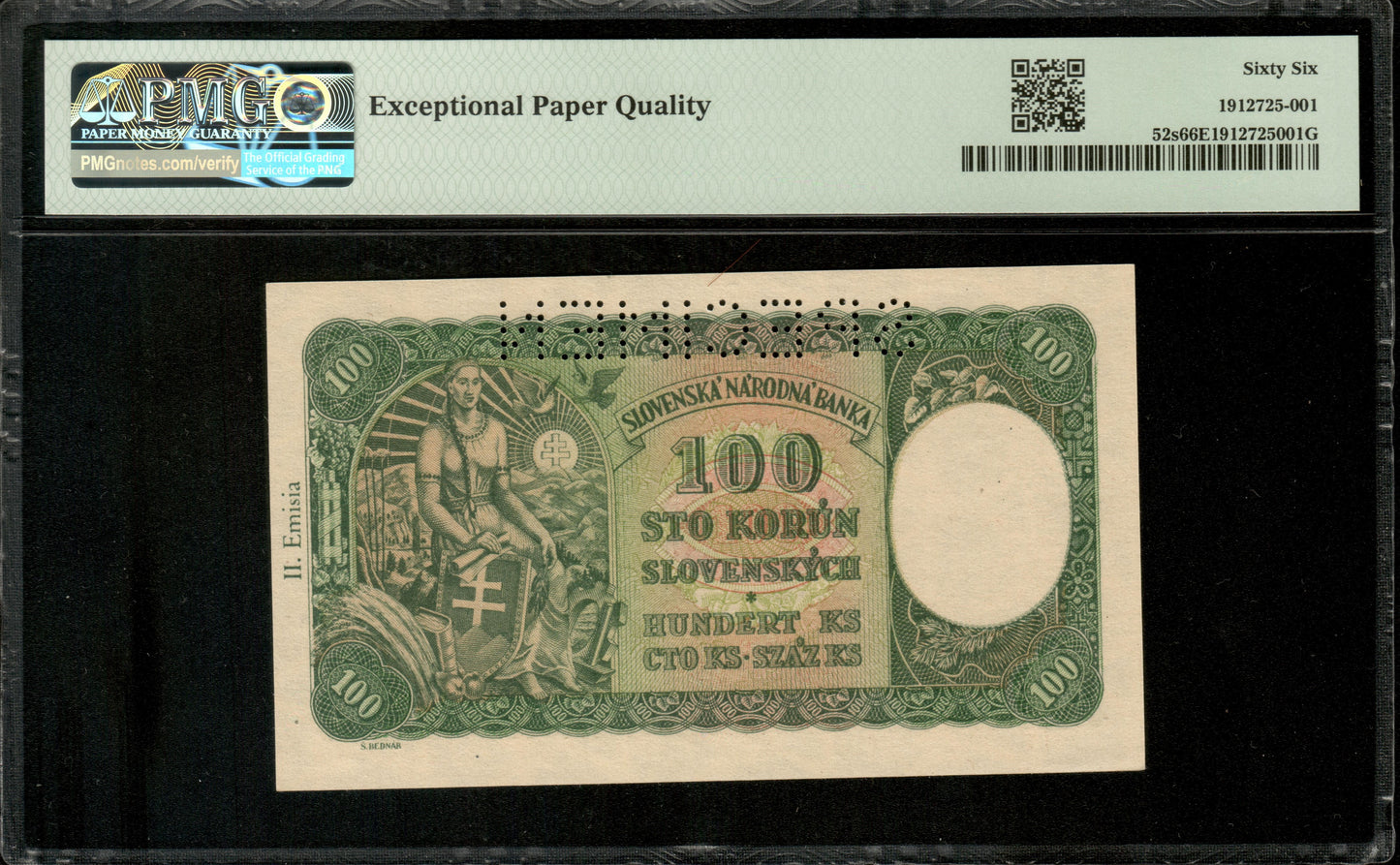 TCHÉCOSLOVAQUIE - CZECHOSLOVAKIA - 100 Korun Specimen 1940 (1945) P.52s NEUF / PMG Gem Unc 66 EPQ