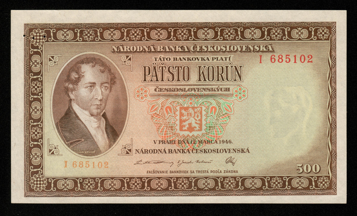 TCHÉCOSLOVAQUIE - CZECHOSLOVAKIA - 500 Korun Specimen 1946 P.73s NEUF / UNC