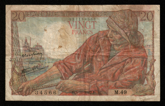 FRANCE - 20 Francs Pêcheur 1942 M.49 F.14.04, P.100a TB / Fine