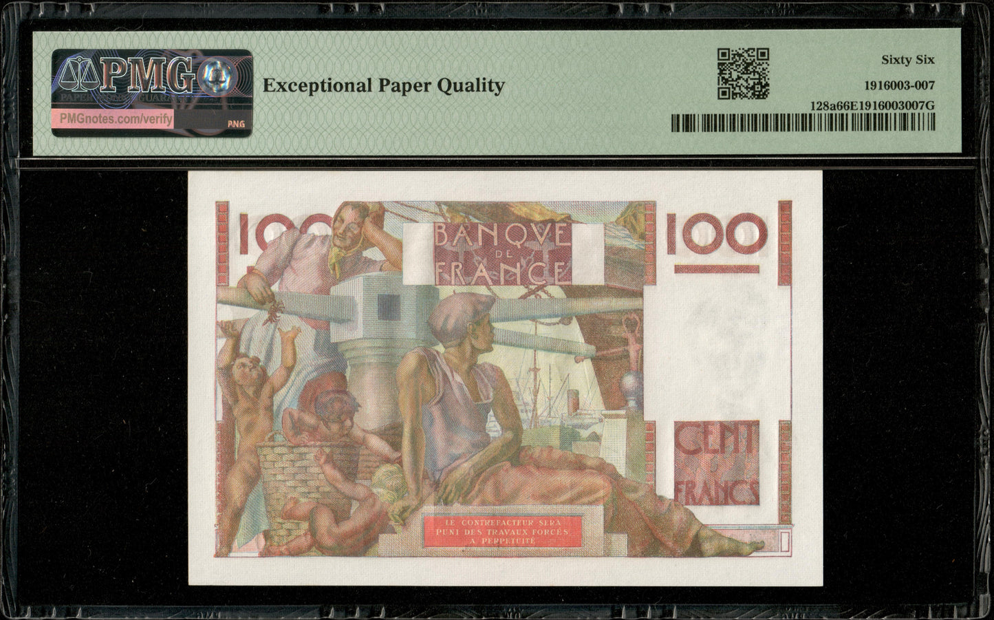 FRANCE - 100 Francs Jeune Paysan 1946 F.28.09, P.128a NEUF / PMG 66 EPQ