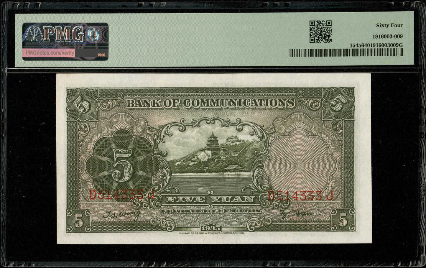 CHINE - CHINA - Bank of Communications, 5 Yuan 1935 Pick 154a NEUF / PMG Choice Unc 64