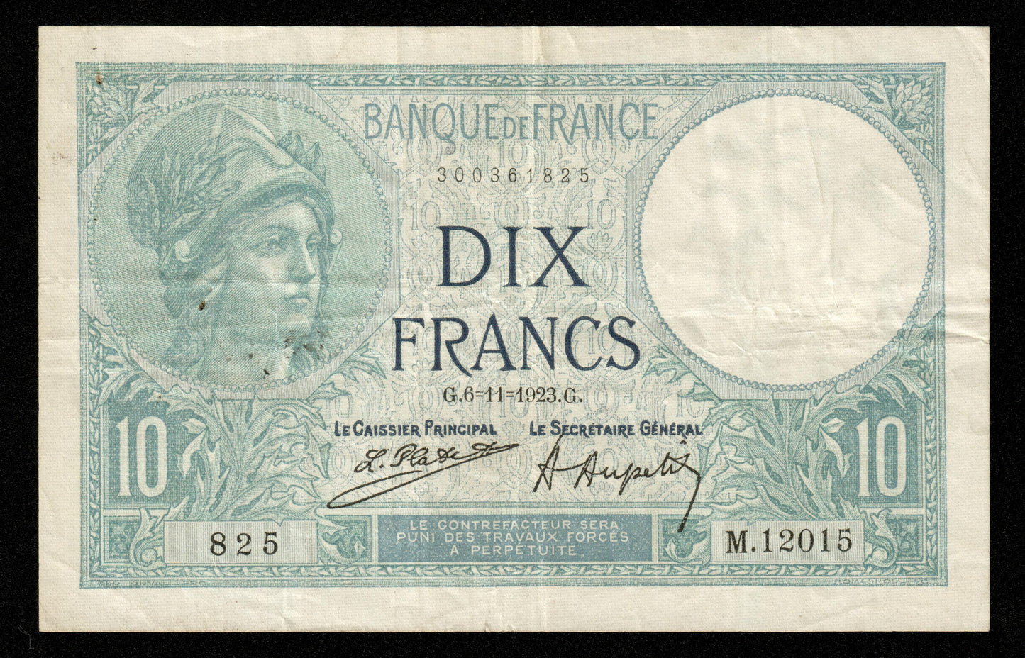 FRANCE - 10 Francs Minerve 1923 F.06.07, P.73 TTB / VF