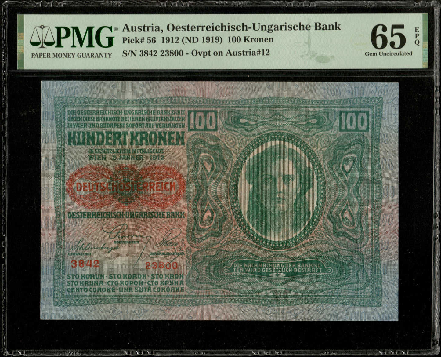 AUTRICHE - AUSTRIA - 100 Kronen (1919) P.56a NEUF / PMG 65 EPQ