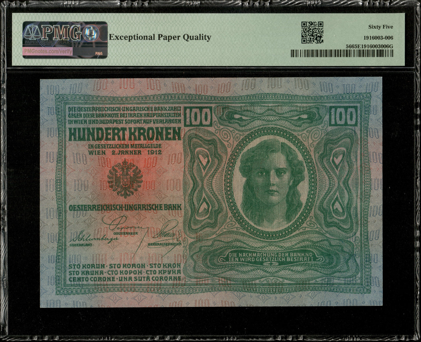 AUTRICHE - AUSTRIA - 100 Kronen (1919) P.56a NEUF / PMG 65 EPQ