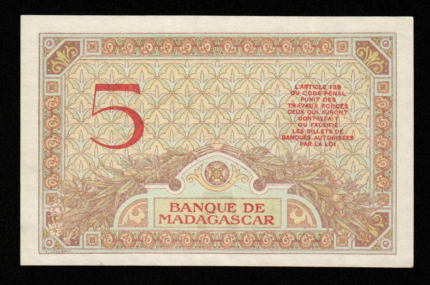 MADAGASCAR - 5 Francs (1937) P.35 NEUF / UNC