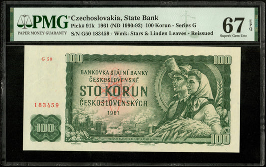 TCHÉCOSLOVAQUIE - CZECHOSLOVAKIA - 100 Korun 1961 (1990-92) P.91k NEUF / PMG 67 EPQ