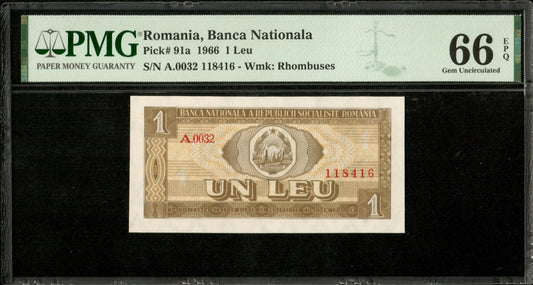 ROUMANIE - ROMANIA - 1 Leu 1966 A.0032 P.91a NEUF / PMG 66 EPQ