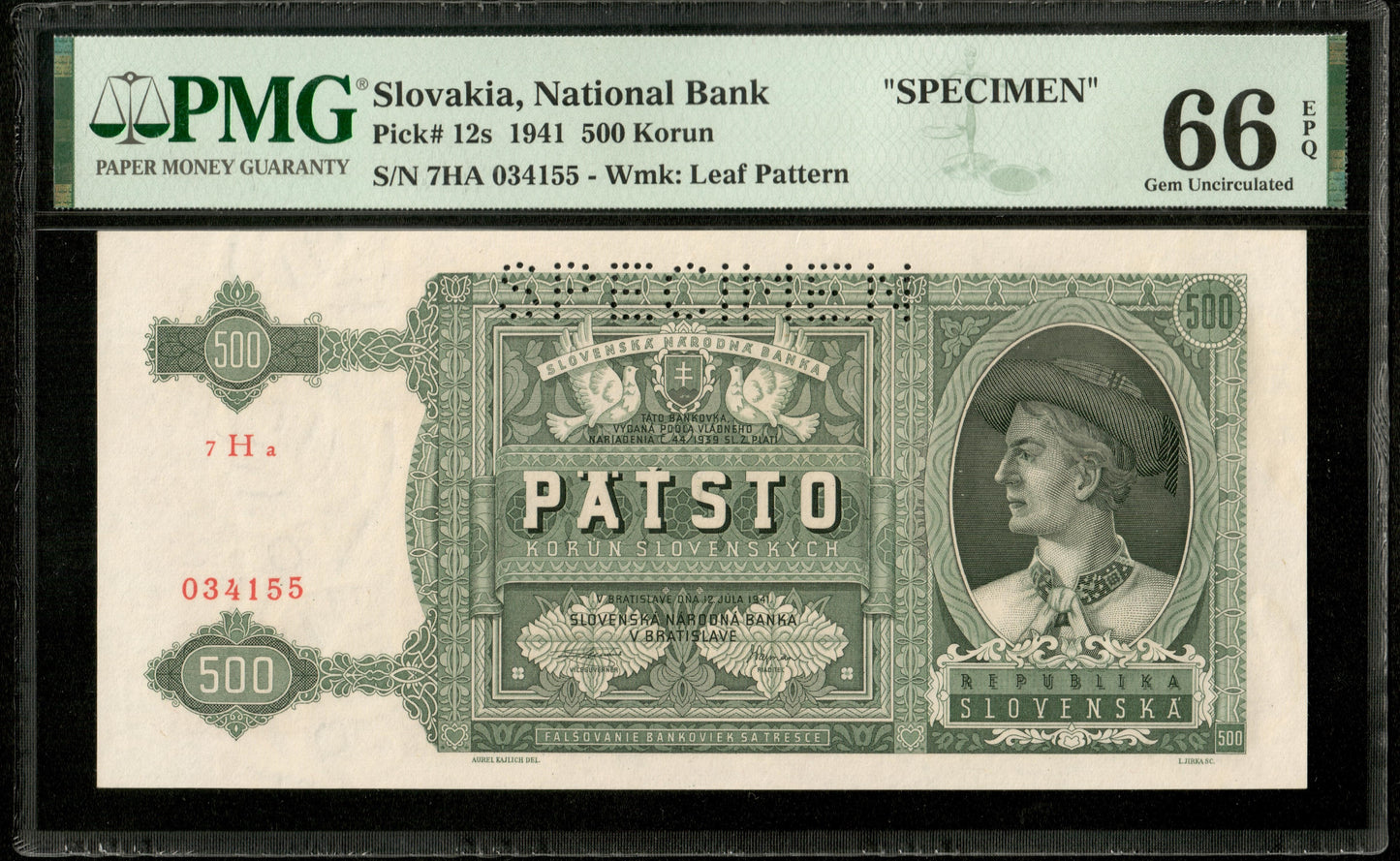 SLOVAQUIE - SLOVAKIA - 500 Korun Specimen 1941 P.12s NEUF / PMG 66 EPQ TOP POP !
