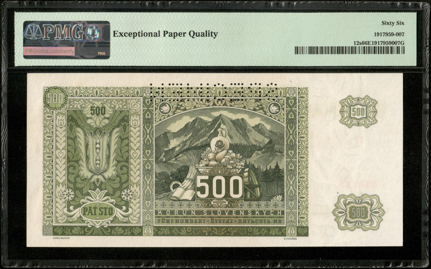 SLOVAQUIE - SLOVAKIA - 500 Korun Specimen 1941 P.12s NEUF / PMG 66 EPQ TOP POP !