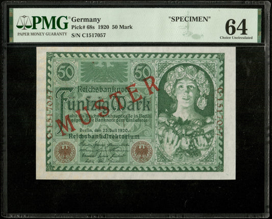 ALLEMAGNE - GERMANY - 50 Mark Specimen (Muster) 1920 P.68s pr.NEUF / PMG 64 TOP POP !