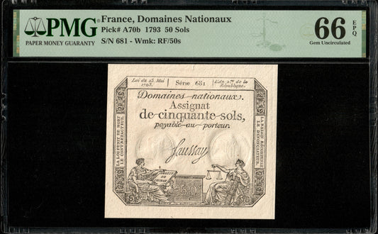 FRANCE - Assignat, 50 Sols 23 mai 1793 Ass.42b-v1, P.A70b "sans point sur le i de République" NEUF / PMG 66 EPQ
