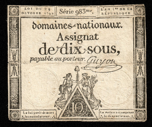 FRANCE - Assignat, 10 Sous 24 Octobre 1792 Ass.34a, P.A64a TB / Fine