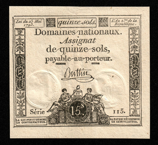 FRANCE - Assignat, 15 Sols 23 mai 1793 Ass.41b, P.A69b Série 115 SUP / XF