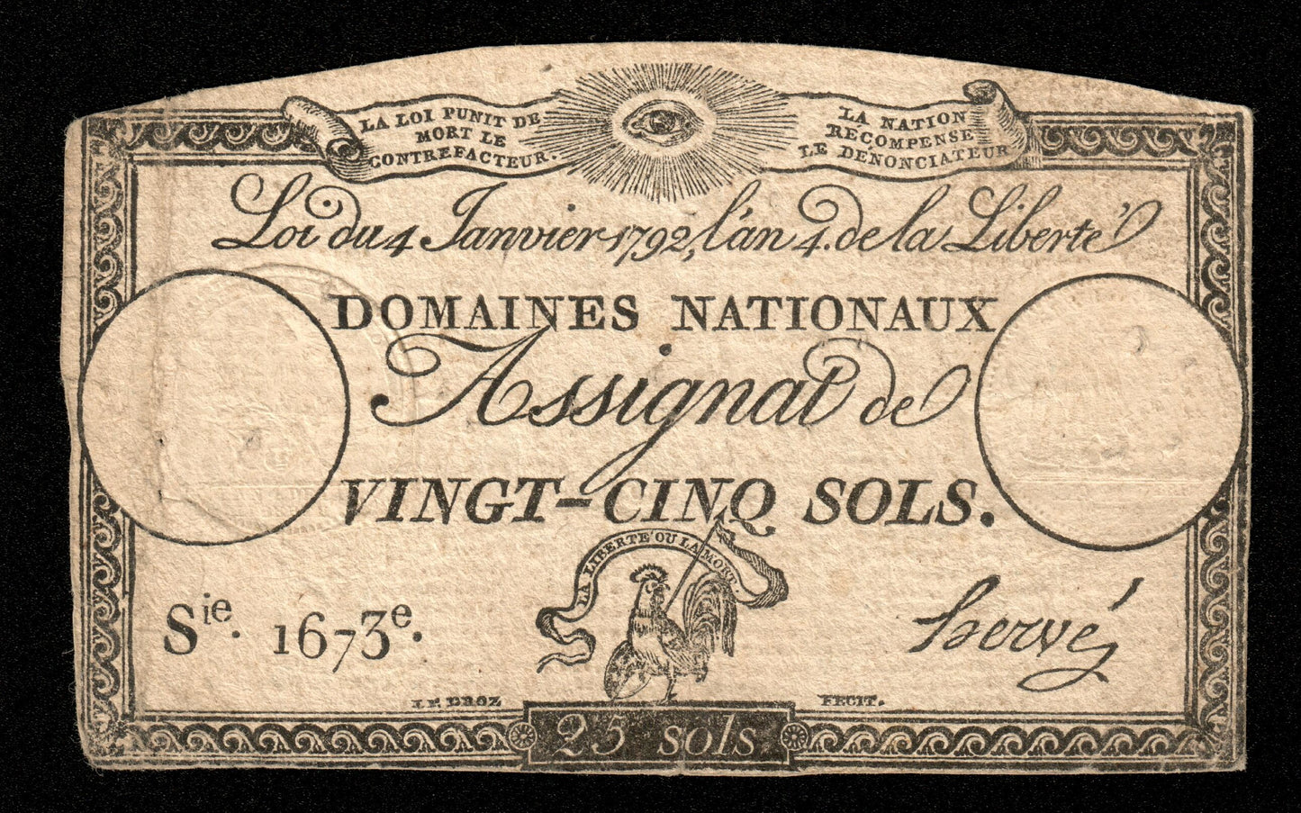 FRANCE - Assignat, 25 Sols 4 janvier 1792 Ass.25a, P.A55 Série 1673 TB / Fine