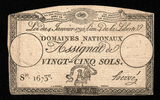 FRANCE - Assignat, 25 Sols 4 janvier 1792 Ass.25a, P.A55 Série 1673 TB / Fine