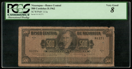 NICARAGUA - 500 Cordobas 1962 P.113a B / PCGS 8