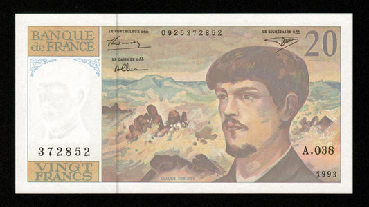FRANCE - 20 Francs Debussy 1993 Série A.038 F.66bis.04A38, P.151f pr.NEUF / UNC-