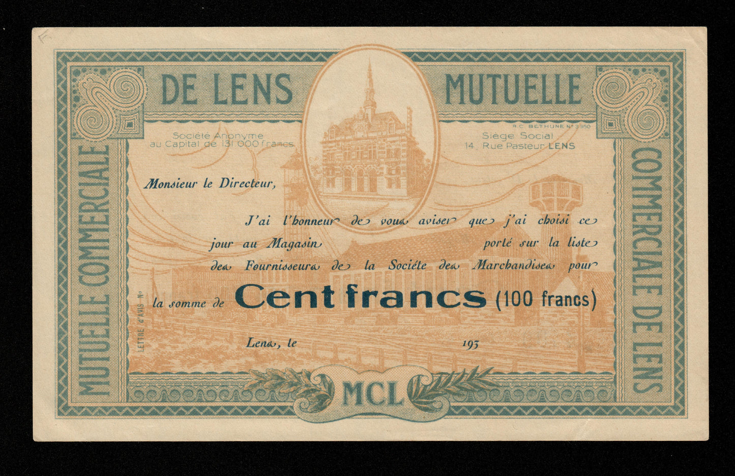 FRANCE - Mutuelle Commerciale de Lens, 100 Francs (1930) SUP / XF