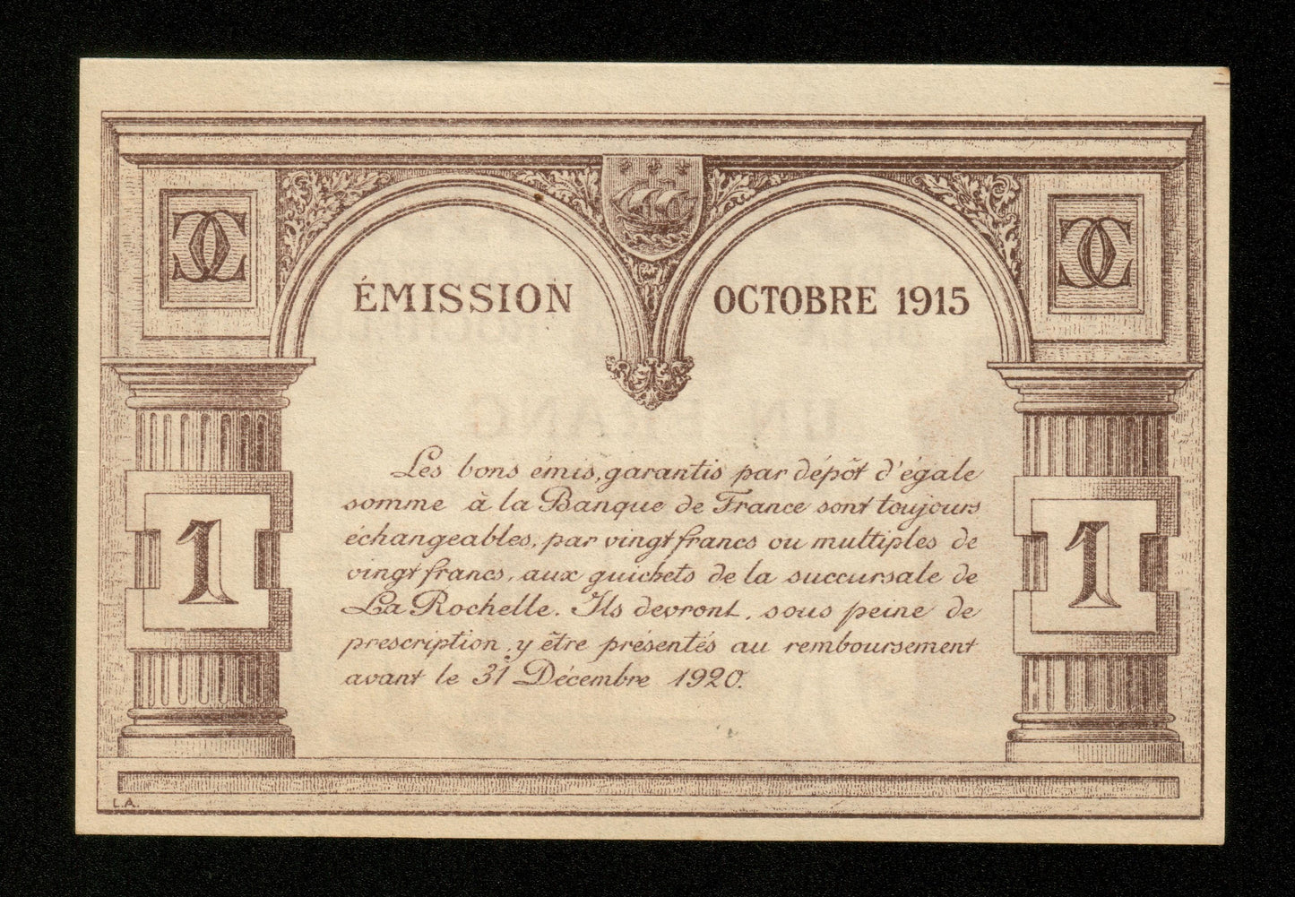FRANCE - Chambre de Commerce de La Rochelle 1 Franc 1915 JP.66.03 NEUF / UNC