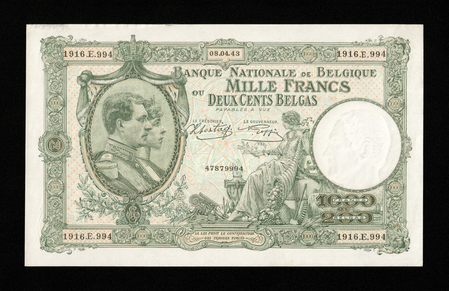 BELGIQUE - BELGIUM - 1000 Francs = 200 Belgas 1943 Pick 110 SPL / AU