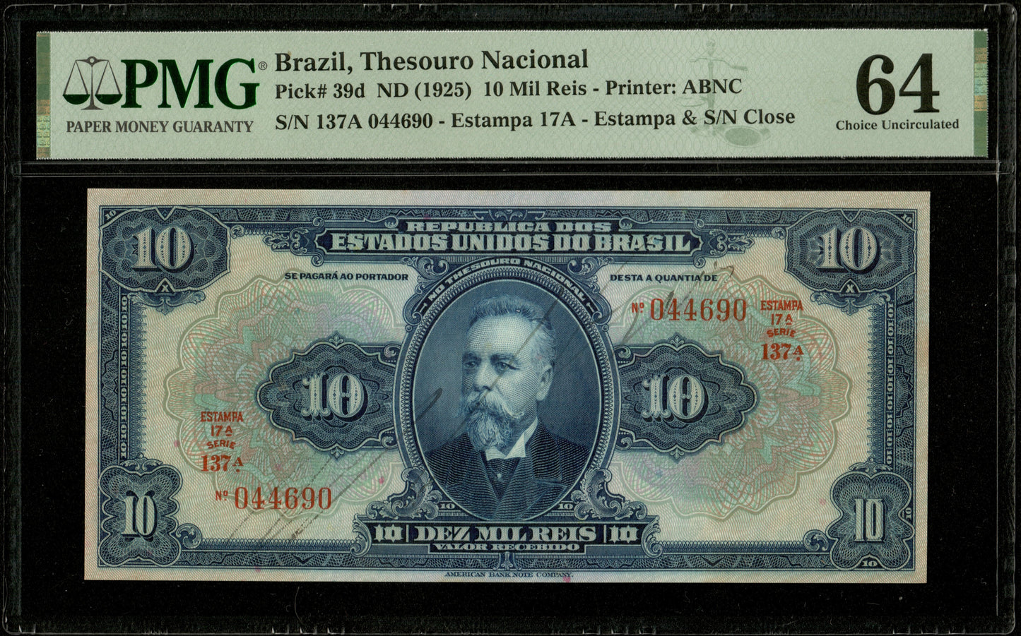 BRÉSIL - BRAZIL, Thesouro Nacional - 10 Mil Reis (1925) Pick 39d NEUF / PMG Choice Unc 64
