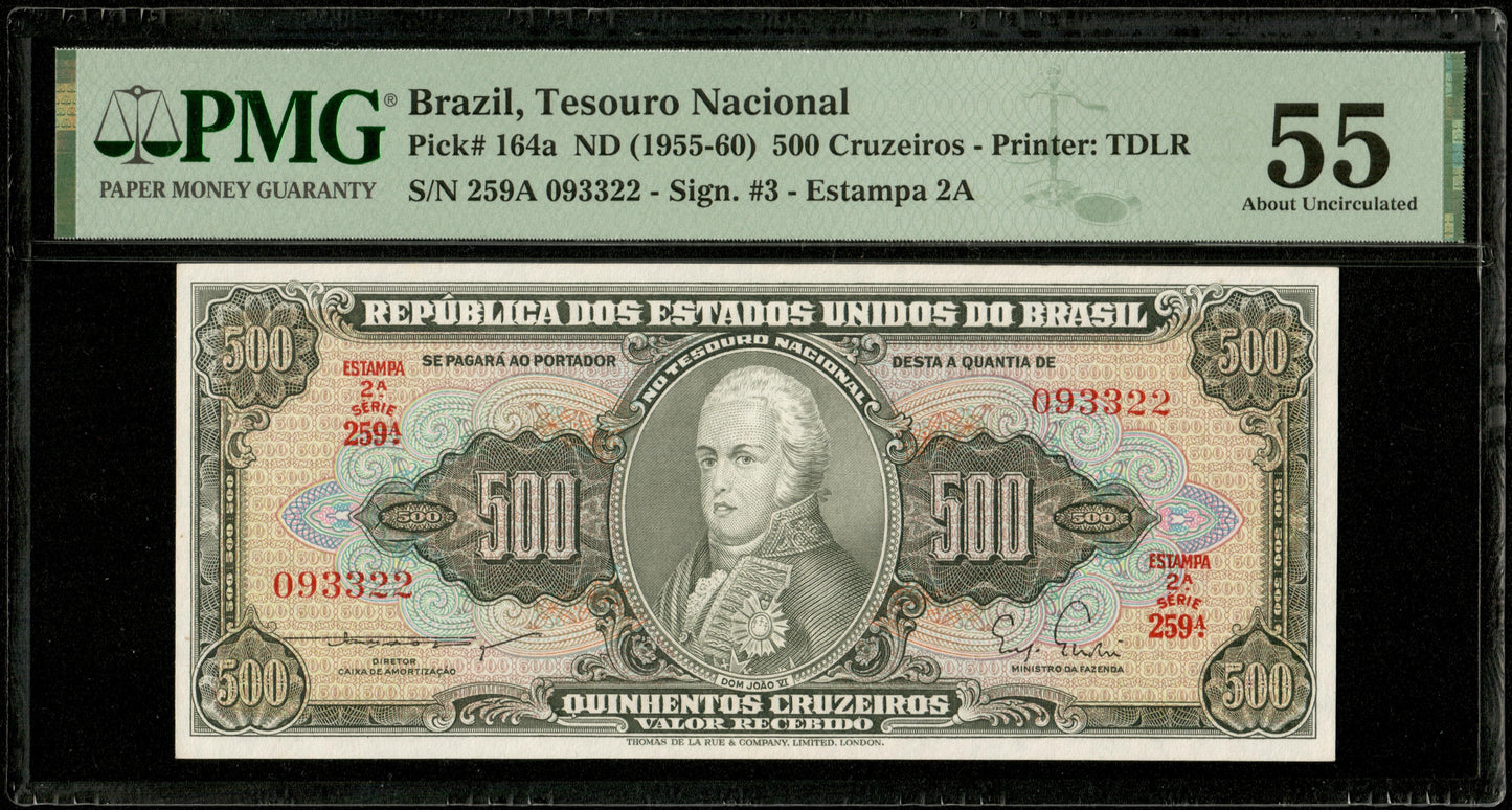 BRÉSIL - BRAZIL - 500 Cruzeiros (1955) Pick 164a PMG AU 55