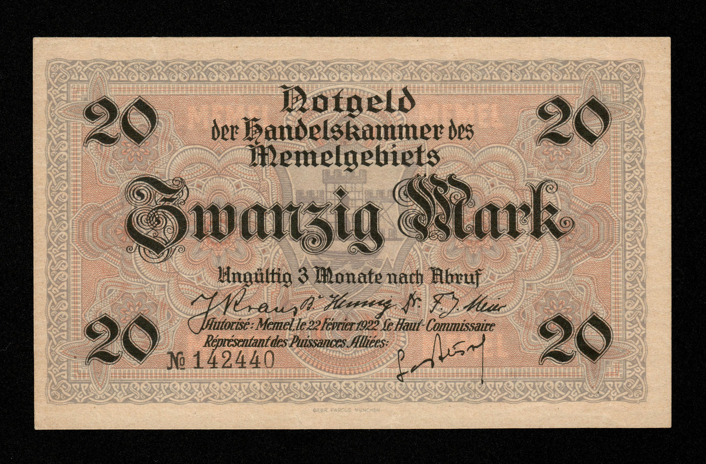MEMEL - 20 Mark 1922 Pick 6b SPL / AU