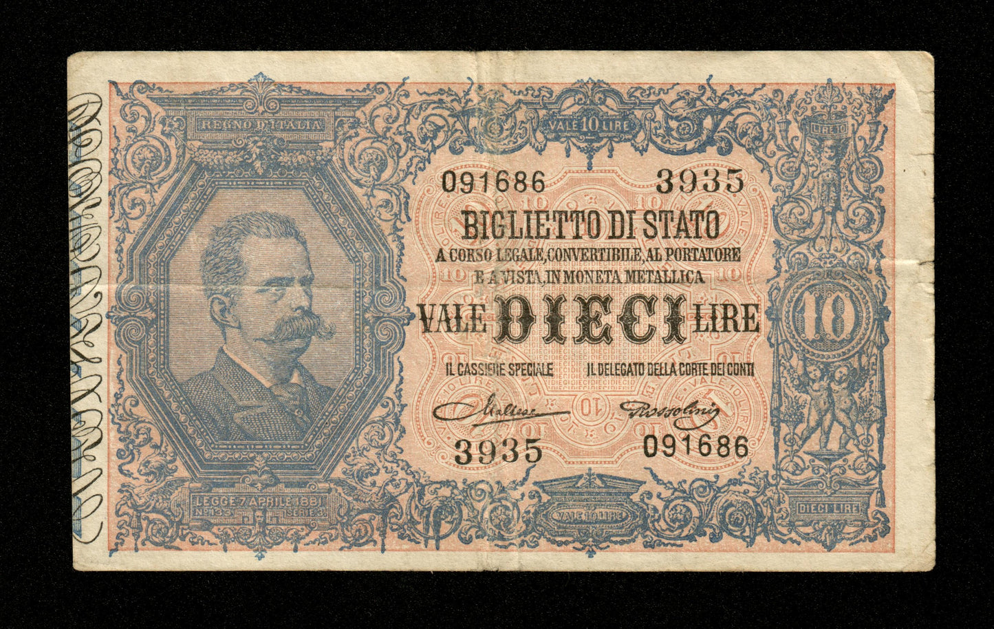 ITALIE - ITALY - Biglietto di Stato, 10 Lire 1888 (1923) Pick 20h Maltese & Rossolini TB+ / Fine+