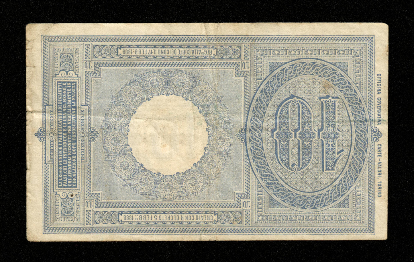 ITALIE - ITALY - Biglietto di Stato, 10 Lire 1888 (1923) Pick 20h Maltese & Rossolini TB+ / Fine+