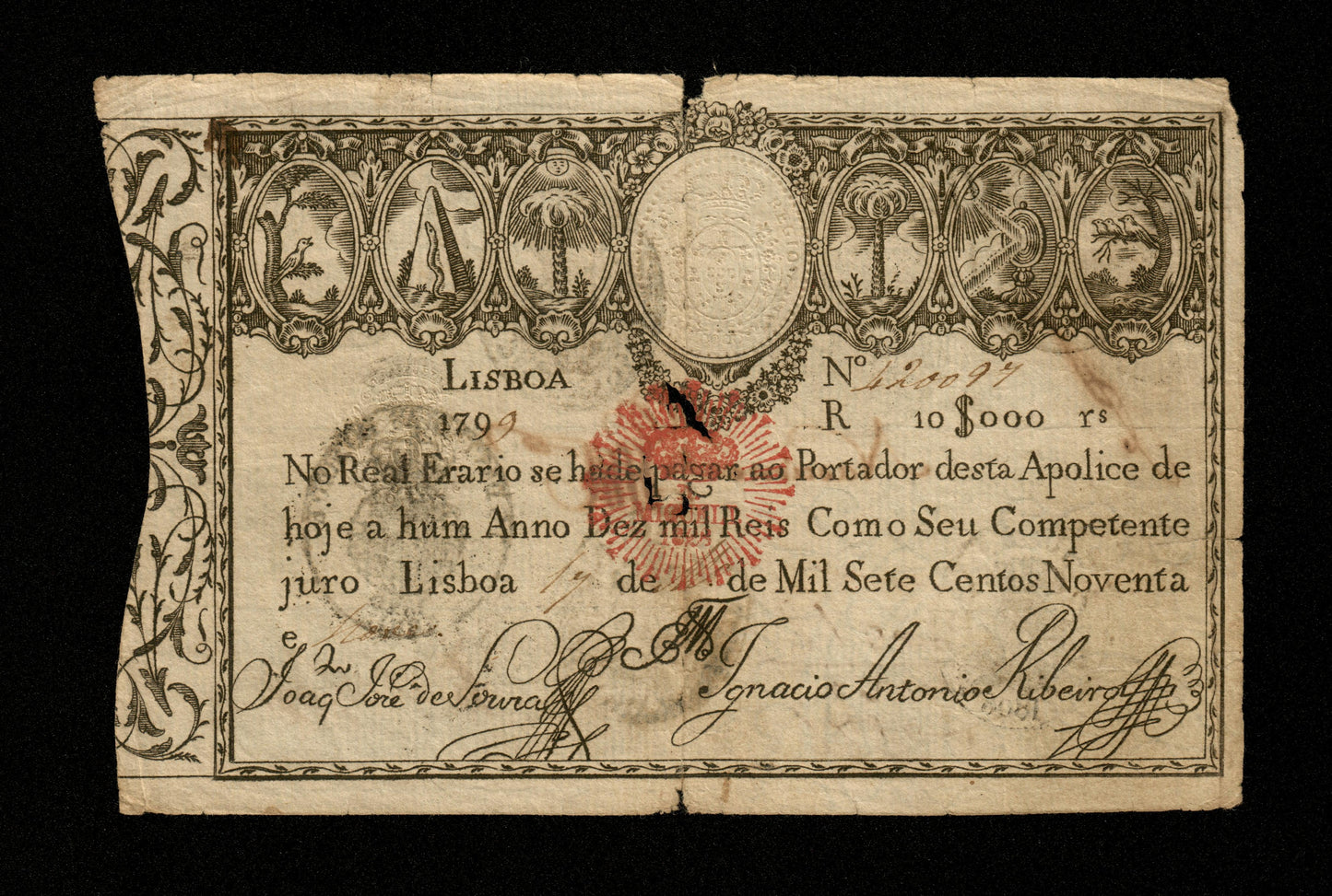 PORTUGAL - 10000 Reis 1799 (Red Seal D. MIGUEL I - 1828) Pick 41a B / Good