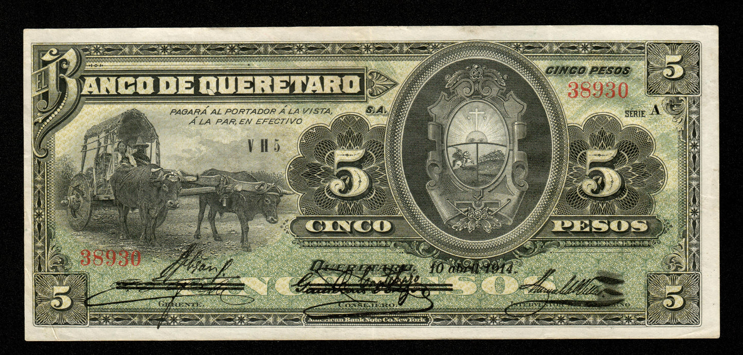MEXIQUE - Banco de Queretaro, 5 Pesos 1914 Pick S390b TTB+ / VF+