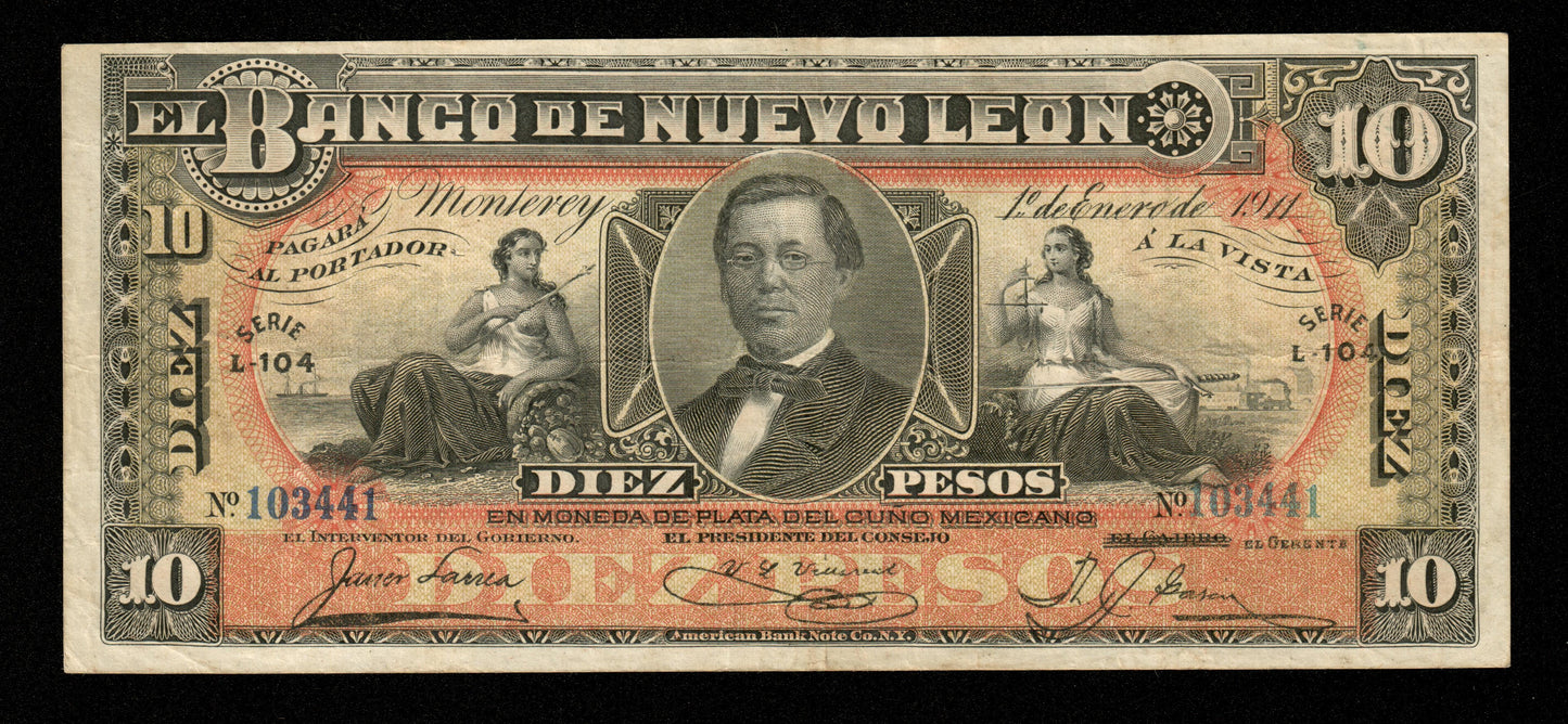 MEXIQUE - Banco de Nuevo Leon, 10 Pesos 1911 Pick S361b TTB / VF