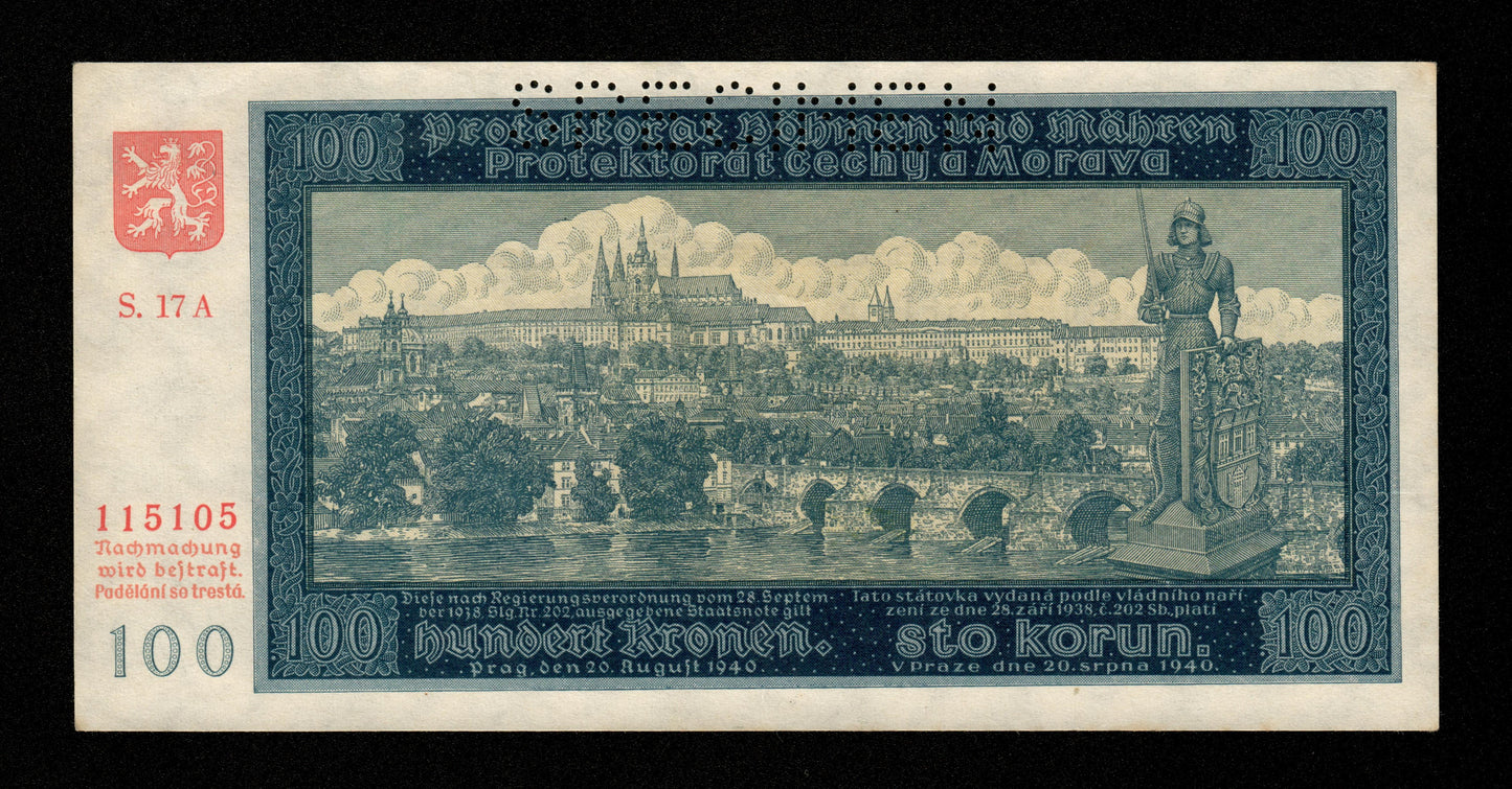 BOHÈME ET MORAVIE - 100 Korun Specimen 1940 Pick 7as 7s pr.NEUF / UNC-