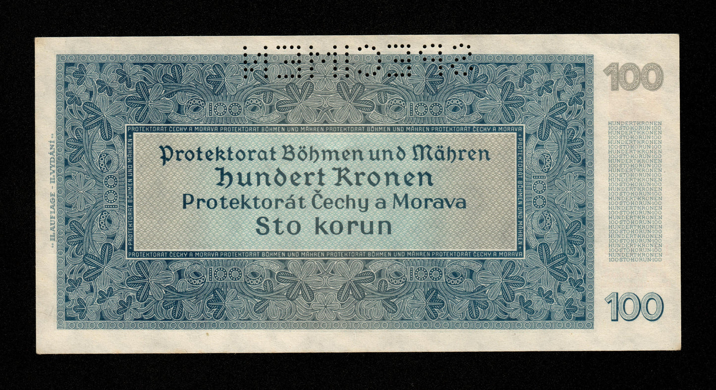 BOHÈME ET MORAVIE - 100 Korun Specimen 1940 Pick 7as 7s pr.NEUF / UNC-