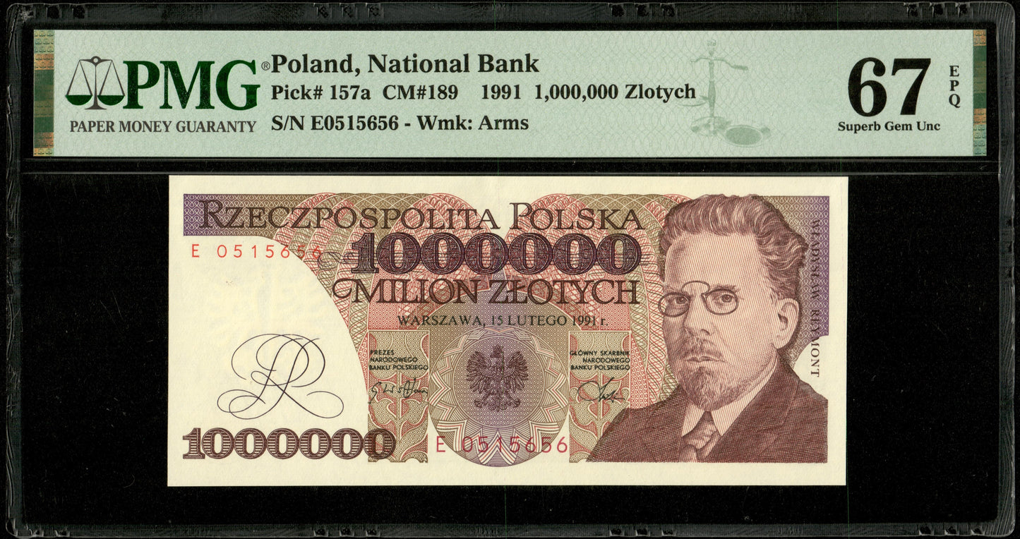 POLOGNE - 1000000 Zlotych 1991 Pick 157a NEUF / PMG Superb Gem Unc 67 EPQ