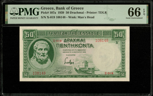 GRÈCE - 50 Drachmai 1939 Pick 107a NEUF / PMG Gem Unc 66 EPQ