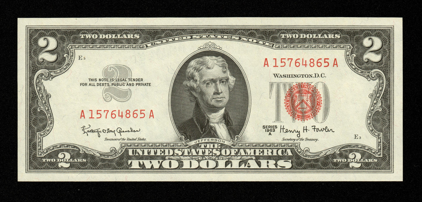 ÉTATS UNIS D'AMÉRIQUE - 2 Dollars $2 1963 Pick 382b FR1514 NEUF Sceau rouge. Legal Tender. Series 1963-A. Fowler