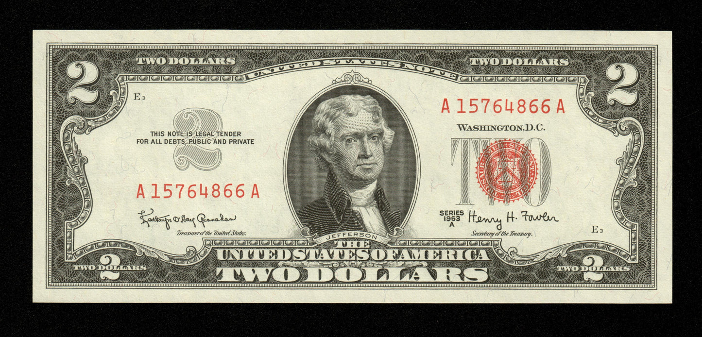 ÉTATS UNIS D'AMÉRIQUE - 2 Dollars $2 1963 Pick 382b FR1514 NEUF Sceau rouge. Legal Tender. Series 1963-A. Fowler