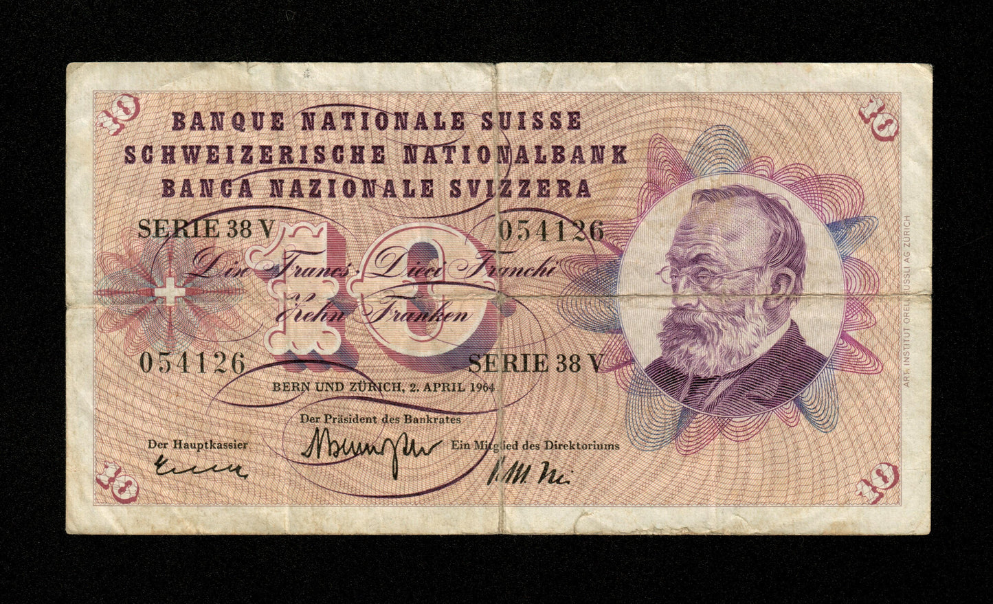 SUISSE - 10 Francs (Franken) 1964 Pick 45i B / Good