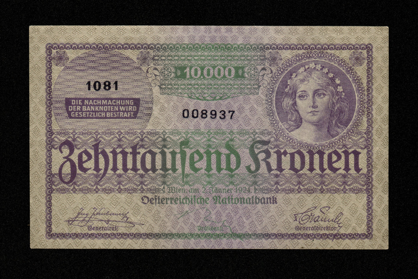 AUTRICHE - 10000 Kronen 1924 Pick 85 SUP / XF