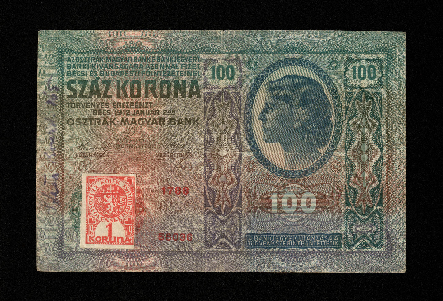 TCHÉCOSLOVAQUIE - 100 Korun 1912 (Timbre 1 Koruna 1919) Pick 4a TB / Fine