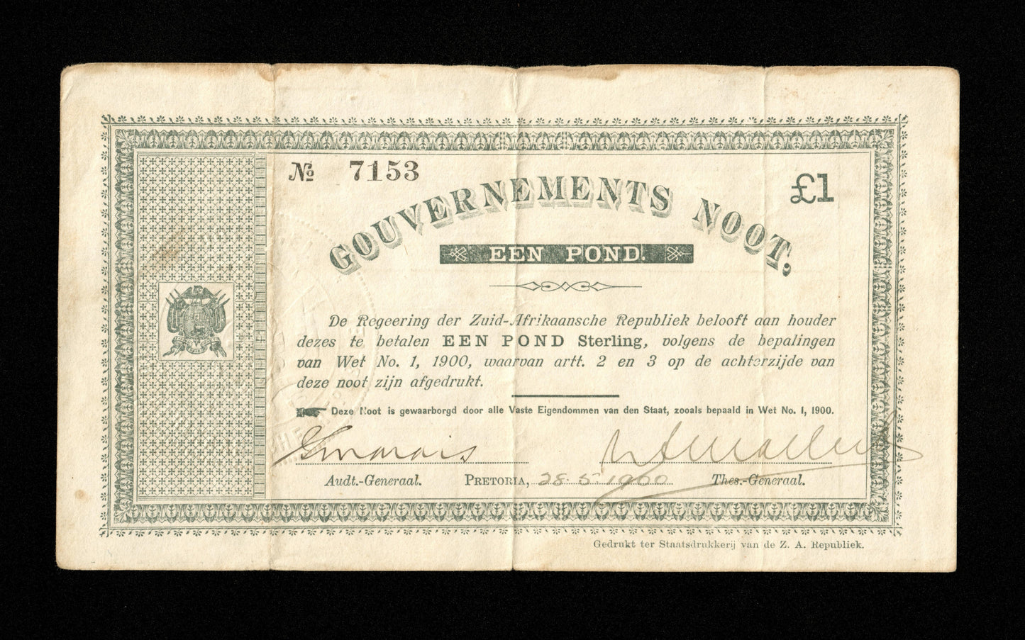 AFRIQUE DU SUD - 1 Pond Pretoria 1900 Pick 54b TB / Fine