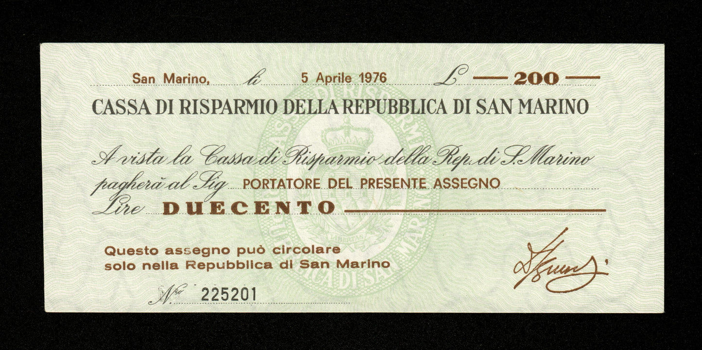 SAINT-MARIN - Repubblica di San Marino, 200 Lire 1976 Pick S102 pr.NEUF / UNC-
